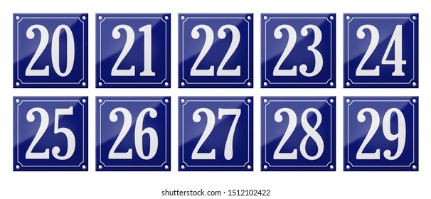 Set of traditional blue enamel signs - Numbers 20- 29