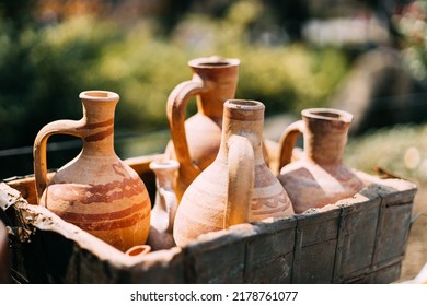 Set Of Traditional Georgian Clay Wine Jugs. Oriental Handmade Clay Jugs For Wine. Georgian Traditional Clay Vessel For Wine.
