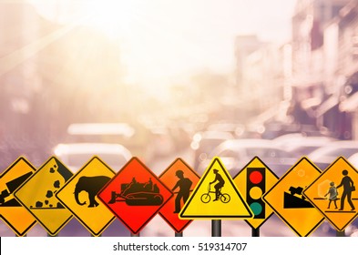 Set Traffic Warning Sign On Blur Stock Photo (Edit Now) 519314707