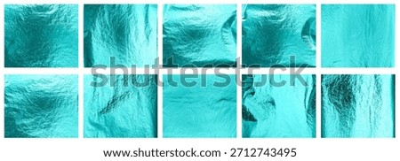 A set of transformative teal foil textures shows glossy, reflective, gradient surfaces. The material appears metallic with visible highlights and folds.