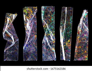 Set Of Transparent Adhesive Tape Or Strips Isolated On Black Background With Holographic Foil Texture, Crumpled Plastic Sticky Snips, Poster Design Overlays Or Elements.