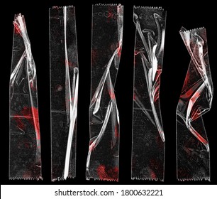 Set von transparentem Klebeband oder Streifen einzeln auf schwarzem Hintergrund mit mudgy blutigen Fingerabdrücken oder roter Farbe. coole Design-Plakatelemente.