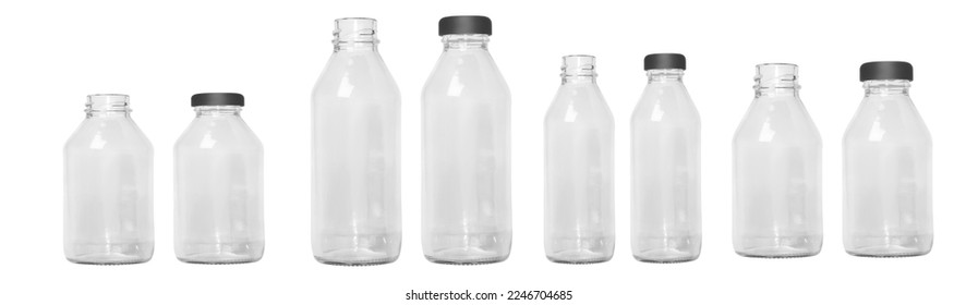 a set of transparent glass bottles of different sizes with a cap, without a cap. Small and large bottles. Empty glass bottles.