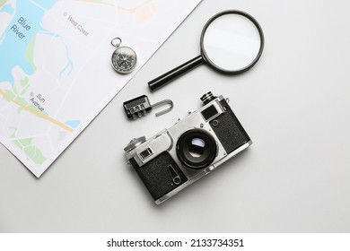 Set Of Travel Items With Photo Camera On White Background