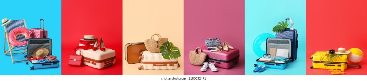 Set of traveler's suitcases and accessories on colorful background - Shutterstock ID 2180032491