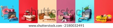 Set of traveler's suitcases and accessories on colorful background