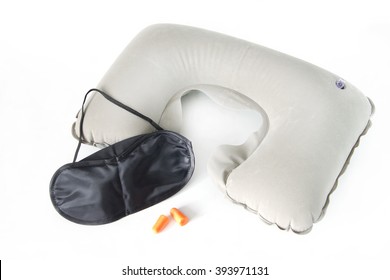 Set For Travelling. Inflatable Neck Pillow With Eye Mask And Earbuds