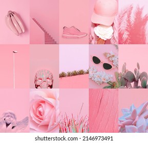 Set von angesagten ästhetischen Fotocollagen. Minimalistische Bilder einer obersten Farbe. rosafarbene Moodboard