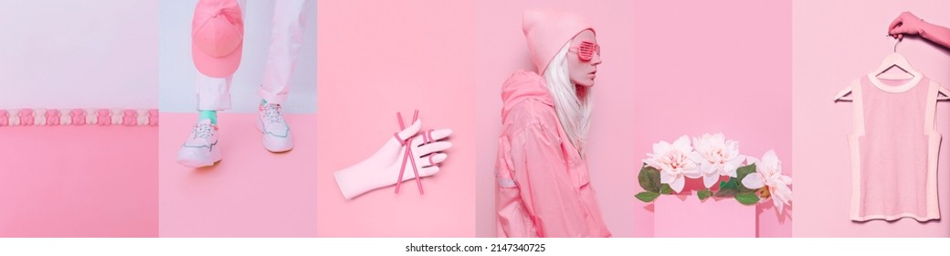 Set Of Trendy Aesthetic Photo Collages. Minimalistic Images Of One Top Color. Pink Moodboard