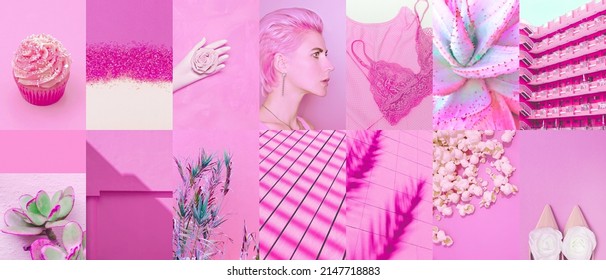 Set of trendy aesthetic photo collages. Minimalistic images of one top color. Pink moodboard - Shutterstock ID 2147718883