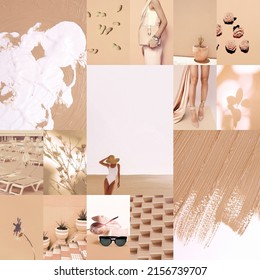 Set Of Trendy Aesthetic Photo Collages. Minimalistic Images Of One Top Color. Beige Moodboard