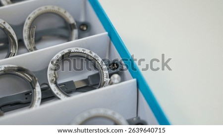 Set of trial frames in different sizes for small children of any age. Essential tool for vision diagnostic to evaluate childrens eye development, screen for sight abnormalities, prescribe glasses