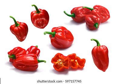 Set Trinidad 7 Pod Seven Pot red peppers (Capsicum chinense)  smooth  skinned  Clipping paths for each pepper  shadows separated