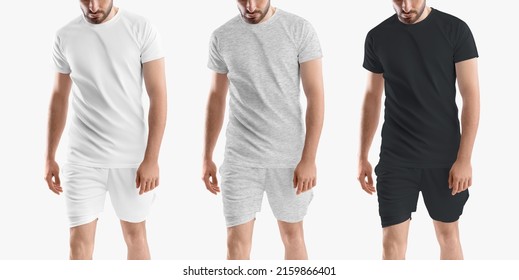 Set Of T-shirt And Sports Shorts Mockup With Compression Undershorts. White, Black And Heather Gray Sportswear. Template For Presentation