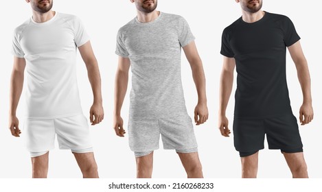 Set Of T-shirt And Sports Shorts Mockup With Compression Undershorts. White, Black And Heather Gray Sportswear. Template For Presentation