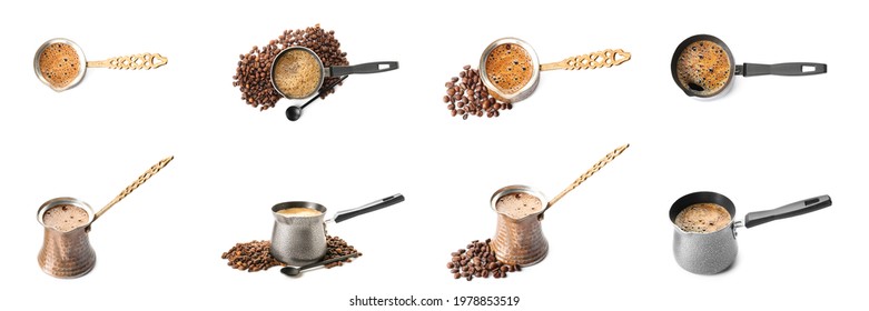 Set of Turkish coffee brewing pots on white background