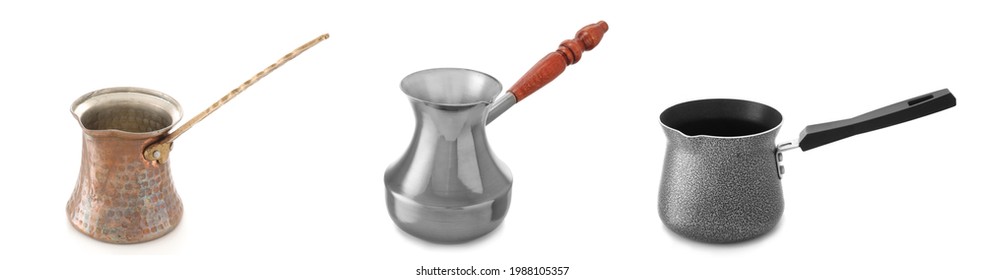 Set of Turkish coffee brewing pots on white background
