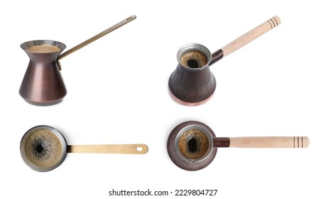 Set with turkish coffee pots (cezve) with hot coffee on white background