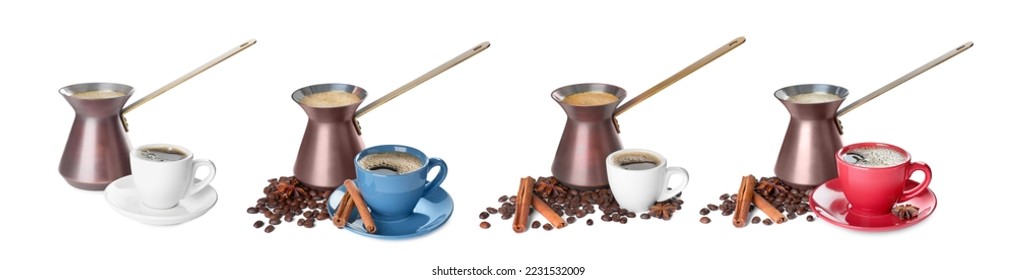 Set with turkish coffee pots (cezve) with hot coffee and beans on white background. Banner design