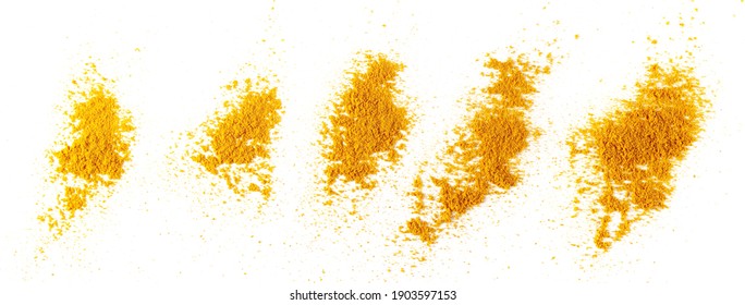Set turmeric (Curcuma) powder pile isolated on white background, top view