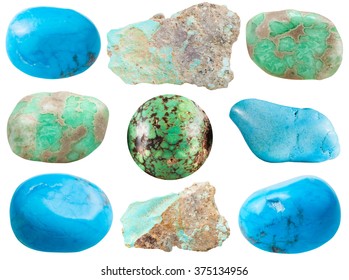 Set Of Turquoise Gemstones And Natural Imitations Turkvenit, Blue Howlite, Variscite Mineral Gem Stones Isolated On White Background