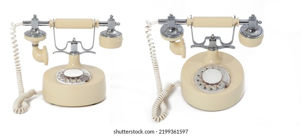 Set of two angles of yellow vintage retro telephone with handset, cable and old dial isolated on a white background - Powered by Shutterstock