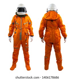 Set of two astronauts isolated on a white background. Cosmonaut wearing space suit with helmet standing against white background. Front and rear views.