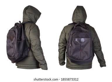 set of two black backpack dressed in a hakki jacket isolated on a white background. rear view of a backpack and jacket