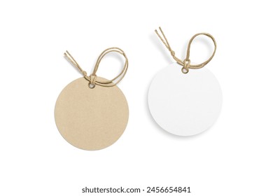 Set of two blank paper hang tags, price tags or cloth labels with string isolated on light grey background. High resolution.