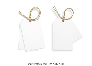 Set of two blank paper hang tags, price tags or cloth labels with string isolated on a white background. High resolution.