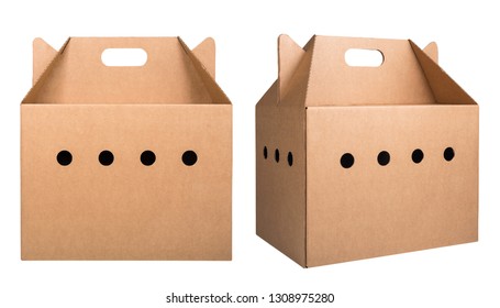 Set Of Two Cardboard Pet Carrier Boxes Isolated On White Background