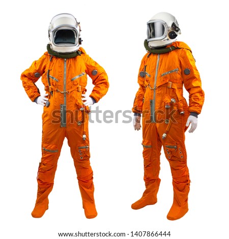 Set of two cosmonauts isolated on a white background. Astronauts wearing space suits with helmets on white background