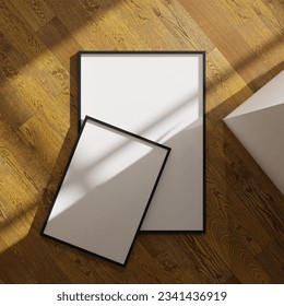 set of two with duifferent size aesthetic frame mockup poster laying on the wooden floor lit by sunlight. 50x70, 20x28, 20RP frame mockup poster. 70x100 frame mockup poster