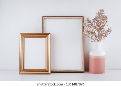 Set Of Two Gold Picture Frames With Decorations. Mockup For Individual Design, Text. Copy Space. Rose Gold, Pastel, Soft Colors. Frame Mock-up.