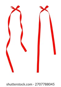 Set of two long, vertical red ribbons tied with small bows, isolated on a white background, perfect for hanging elements, tags, banners, or decorative stringing