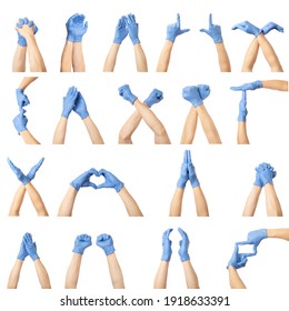 Set Of Two Male Hands In Blue Medical Gloves Showing Different Gestures