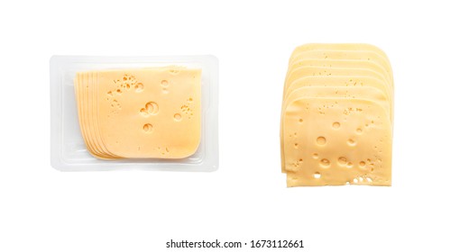 Set Of Two Photos Isolated On White. Top View Close-up Of Square Cheese Radamer Slices In A Package Isolated On A White Background. Slices Of Swiss Cheese.Maasdam - Dutch Hard Cheese With Large Holes.