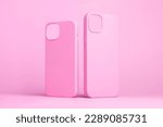 set of two pink cases for iPhone 15 and 14 Plus or iPhone 13 and 13 mini back side view isolated on pink background, monochrome colours phone case mock up