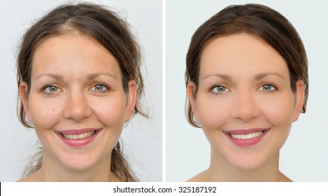A set of two portraits of the same beautiful woman, one before and the other after applying make-up, hairstyling and teeth whitening