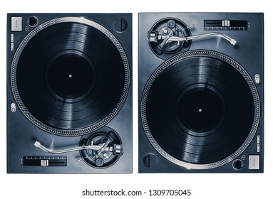 Set Of Two Professional Dj Turntables Isolated On White Background.Pair Of Cut Out Retro Turn Table Vinyl Players For Disc Jockey.Nightclub Concert Equipment For Party.Djs Setup For Music Festival