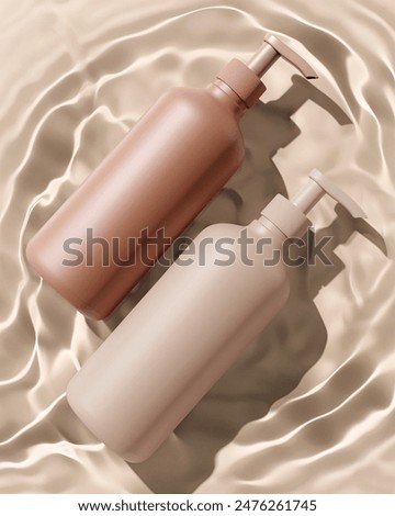 Set of two pump plain bottles in pink metallic colour on top of water ripple background packaging mockup