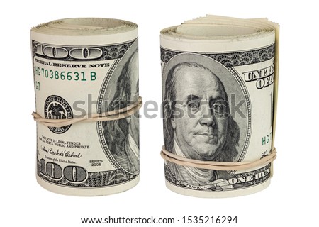 set of two rolls of hundred us dollars standing up and isolated on white background