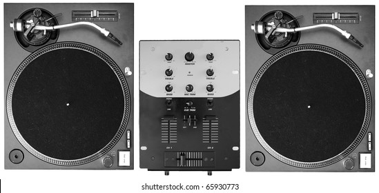 A Set Of Two Turntables And A Mixer Isolated On White Background