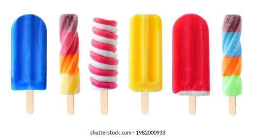 Set of unique colorful summer popsicles isolated on a white background