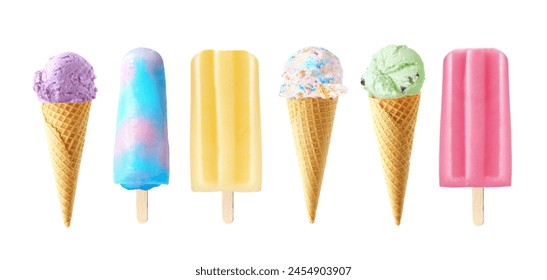 Set of unique summer popsicle and ice cream desserts isolated on a white background. Pastel colors. Berry, cotton candy, banana, birthday cake, mint and strawberry flavors. - Powered by Shutterstock