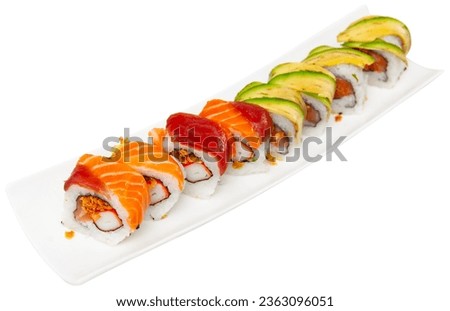 Set of uramaki rolls. Traditional Japanese food, snack for small group of friends. Isolated over white background Stock photo © 