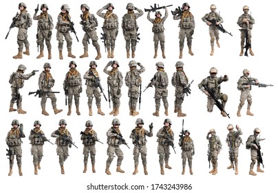 Set Of US Army Soldiers In Uniform (Flag Of The USA On The Shoulder). Shot In Studio. Isolated With Clipping Path On White Background