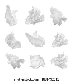 Set With Used Crumpled Paper Tissues On White Background