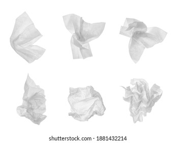 Set With Used Crumpled Paper Tissues On White Background