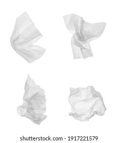 Set With Used Crumpled Paper Tissues On White Background 